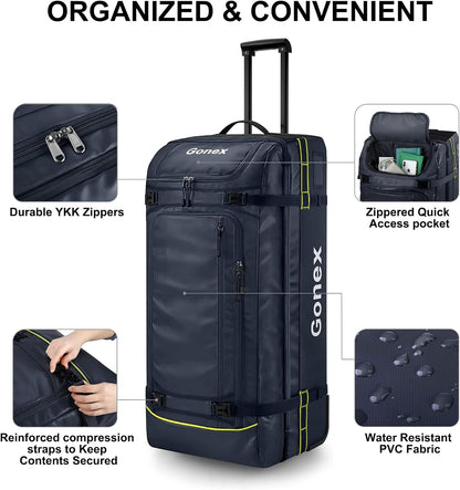 Gonex Rolling Duffle Bag with Wheels, 100L Water Repellent Large Wheeled Travel Duffel Luggage with Rollers 33 inch, Navy Blue