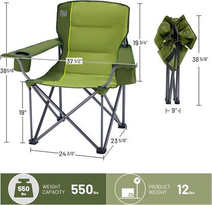 TIMBER RIDGE Oversized Folding Camping Chair for Adults, Support 550 LBS Heavy Duty with Cup Holder Side Pocket for Camp, Lawn, Picnic, Green, 2 Pack