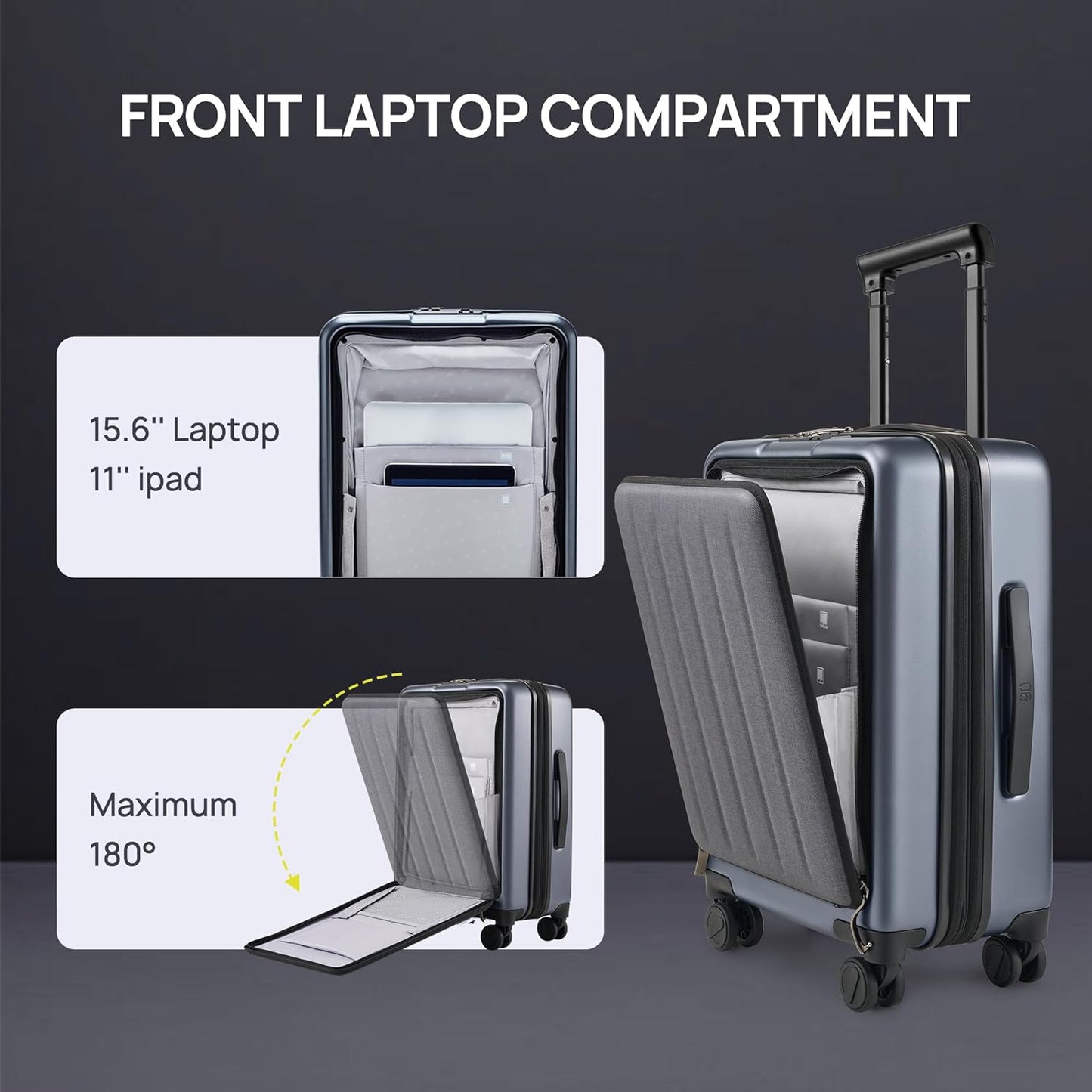 NINETYGO Carry on Luggage 22X14X9 Airline Approved with Front Pocket, 20 Inch Luggage with Front Compartment, Expandable, Double Spinner Wheels, Hardsided PC, TSA Lock (Black, Seine Max)