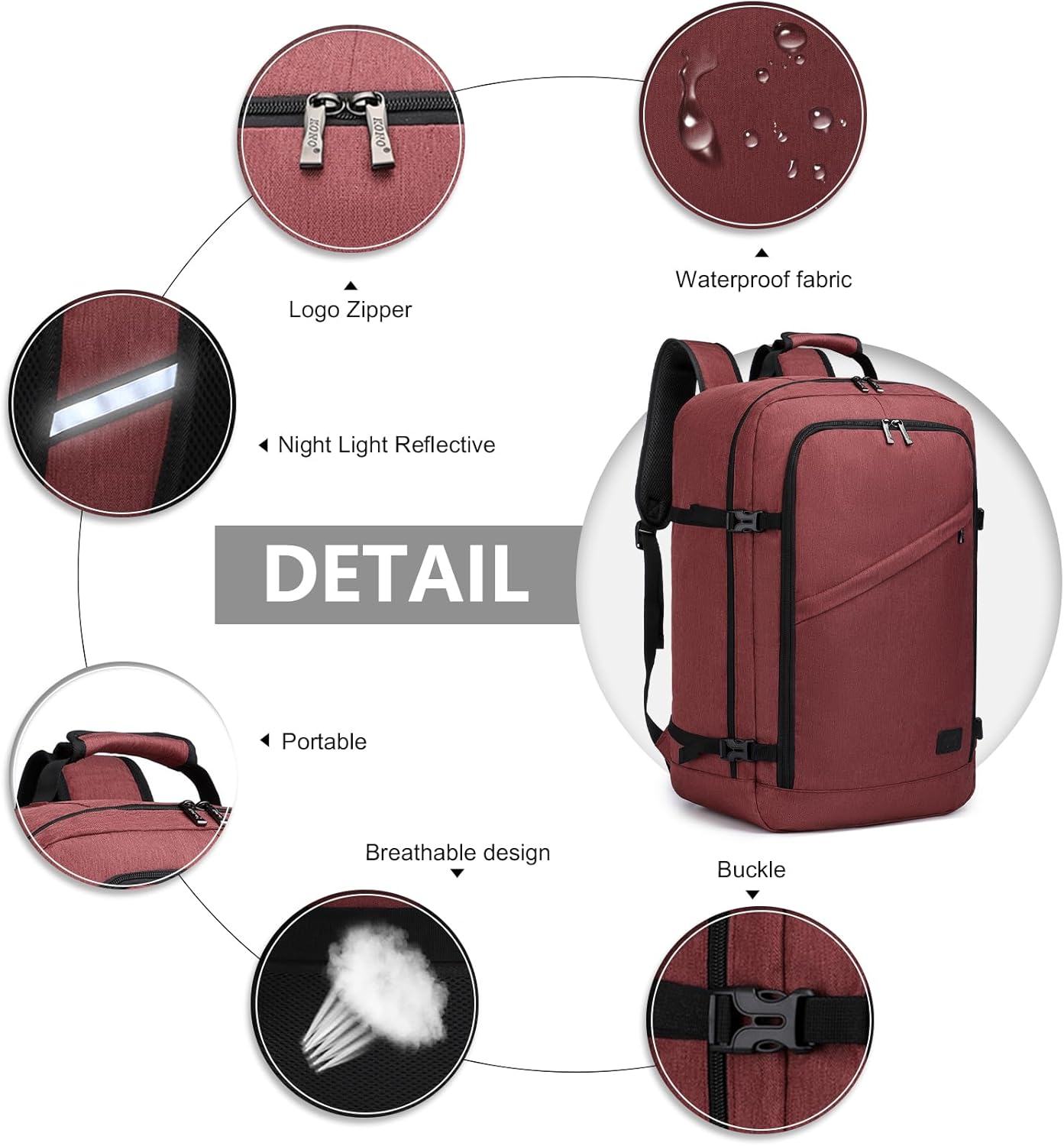 Kono Carry on Backpack, 22" Airplane Approved Travel Backpack for Men and Women, Waterproof Lightweight Daypack for Flight 40L (Burgundy Red, Large)