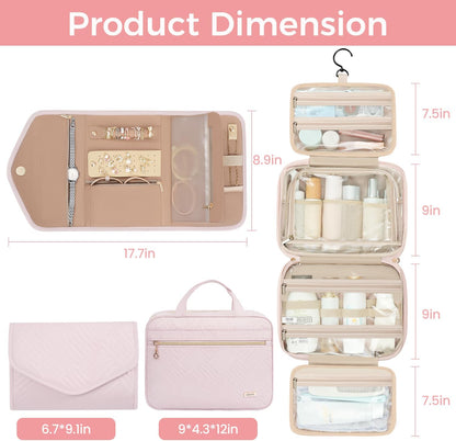 BAGAIL Hanging Toiletry Bag for Women Water-resistant Cosmetic Bag Large Capacity Travel Makeup Organizer for Full-Sized Travel Essentials(Classic+Jewelry Bag, Pink)