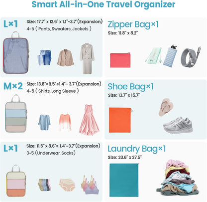 Cambond Compression Packing Cubes for Travel - 7 Set Multi-color See Through Mesh Compression Cubes for Travel Essentials with Large Laundry Bag, Luggage Packing Organizers Bags for Suitcases