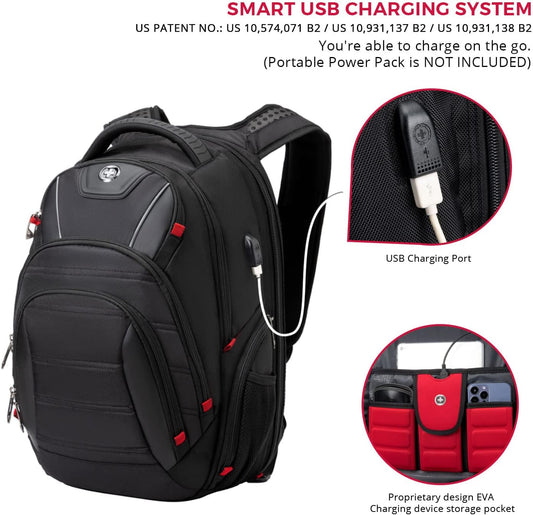 Swissdigital Design Travel Backpack for men, TSA Friendly USB Charging RFID Protection Business Backpack Fits 15.6" Laptops Black | J14-BR