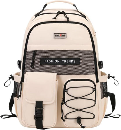 Lohol Multi-Pocket Backpack with 15.6 inch Laptop Compartment, Water Resistant Bookbag for School College and Travel (Beige)