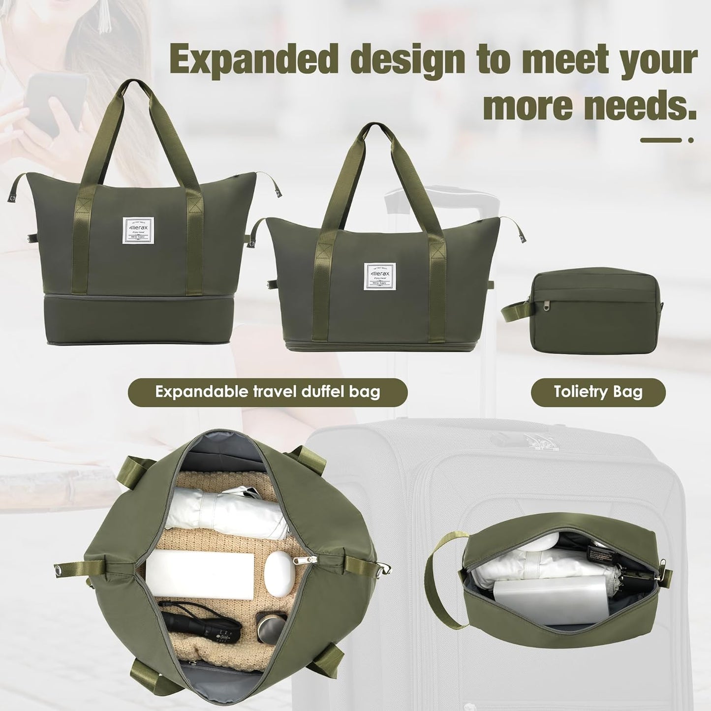 Merax Softside Luggage Set Softshell Lightweight 3 Piece Spinner Suitcase with Duffel Bag Expandable Upright Travel Luggage 22" 26" 30",Army Green