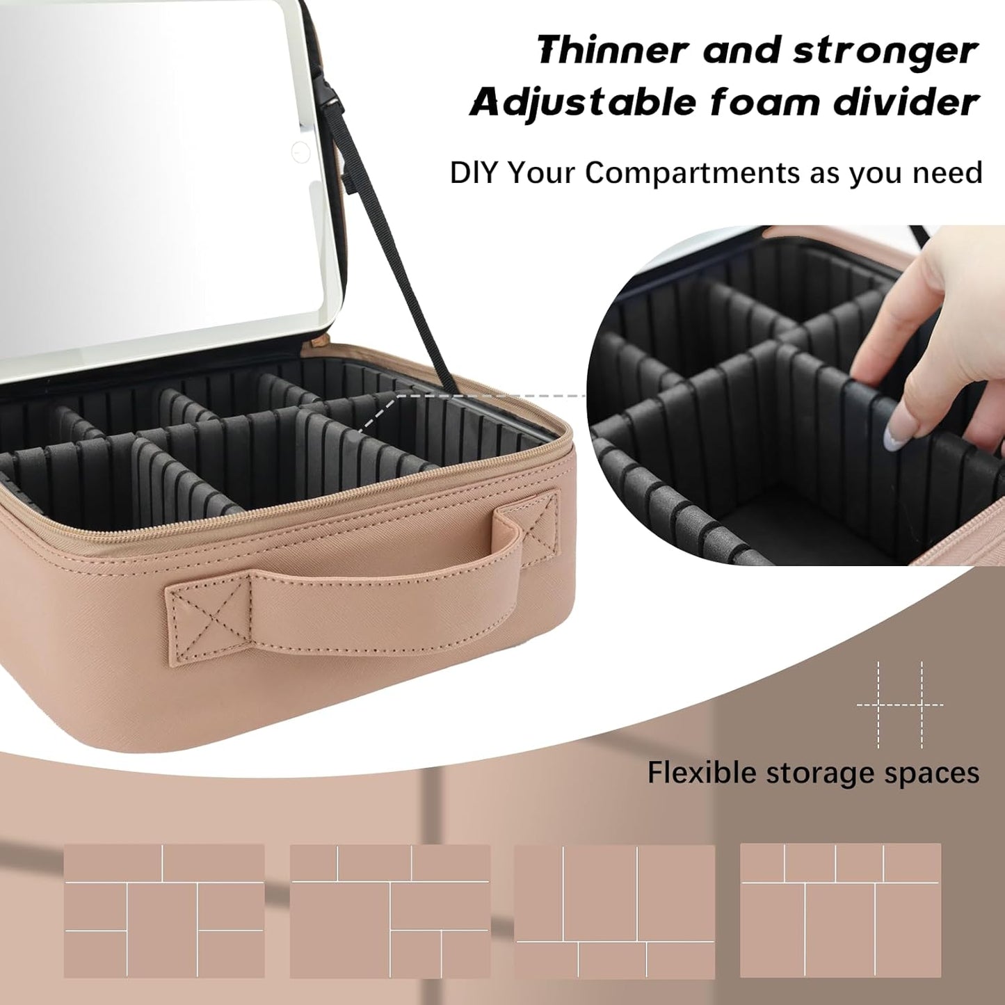 Makeup Bag with Led Mirror,Travel Makeup Organizer with 3 Color Setting, Portable Storage and Adjustable Dividers Travel Makeup Bag(Mocha)