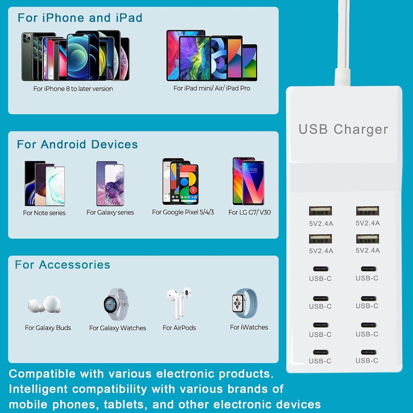 USB Charging Station with 12 Port USB Power Strip Fast Charging for Multiple Devices Compatible with Cell Phones Tablets Laptops (XHK-4U8C)
