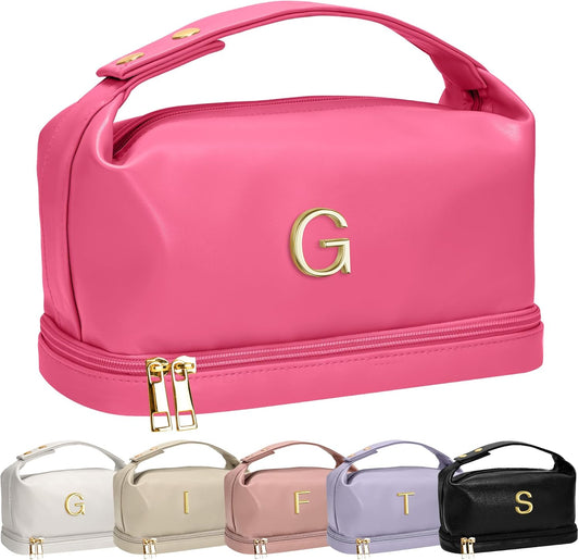 Tween Girls Birthday Women Gift, Personalized Makeup Bag with Handle, Initial Double Layer Cosmetic Bag with Makeup Brush Organizer, Cute Cosmetic Pouch for Women, Gifts for Friends Female