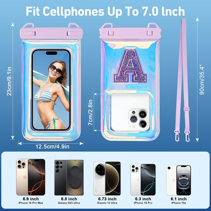 Waterproof Phone Pouch Floating, IPX68 Waterproof Phone Case with Lanyard for iPhone 16 15 14 13 12 Pro Max Samsung S25 S24 S23 S22, Up to 7 Inch, Beach Vacation Essentials, Sparkling Purple Letter