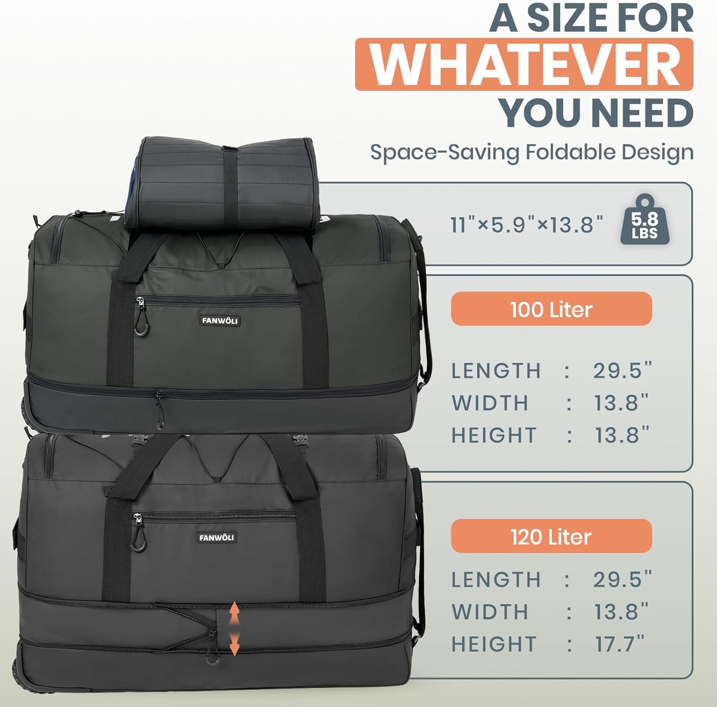 Fanwoli 30'' Rolling Duffel Bag with 2 Wheels - No-Sag Design for Heavy Loads, Expandable 100L-120L Luggage with Soft Handle & Lock, Waterproof Foldable Lightweight with for Travel, Camping,Moving