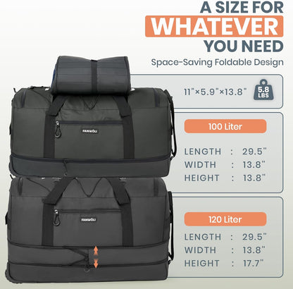 Fanwoli 30'' Rolling Duffel Bag with 2 Wheels - No-Sag Design for Heavy Loads, Expandable 100L-120L Luggage with Soft Handle & Lock, Waterproof Foldable Lightweight with for Travel, Camping,Moving