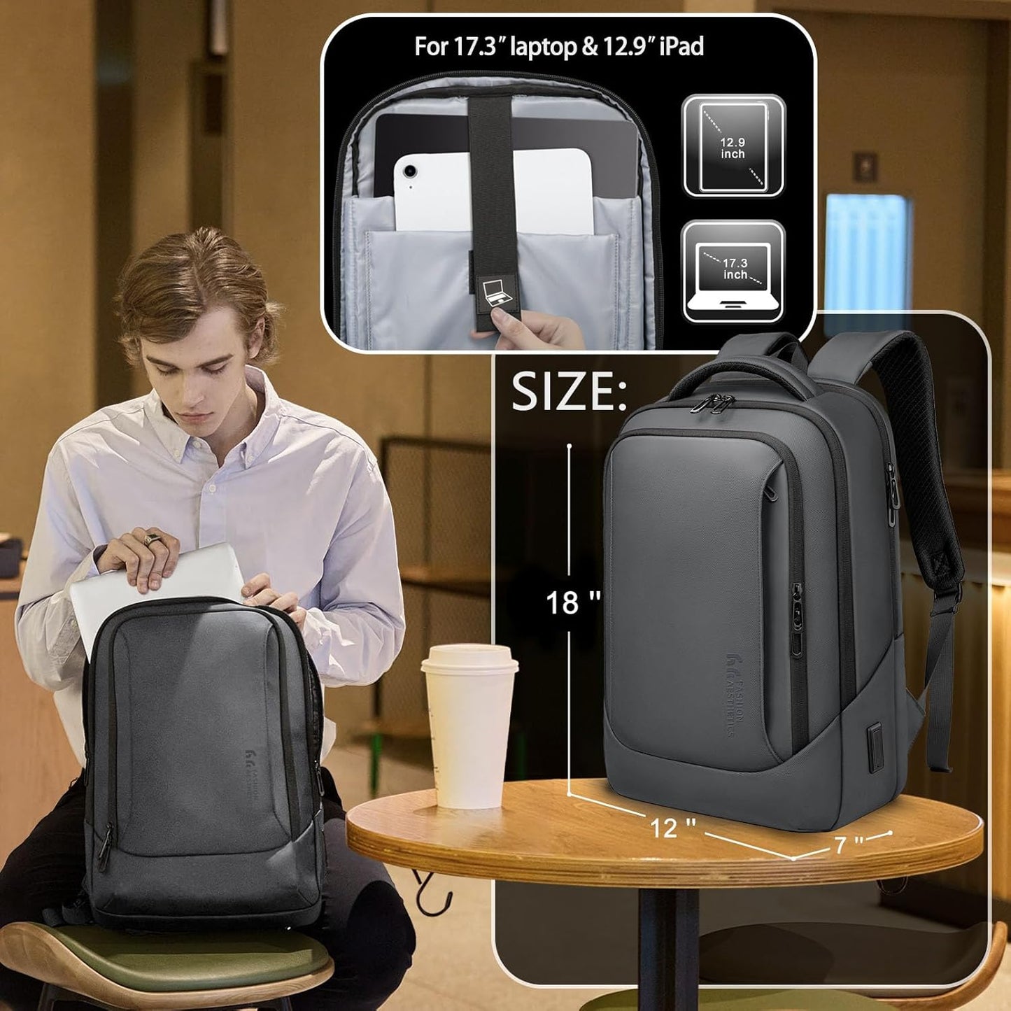 hk Laptop Backpack for Men with USB Charging Port for Business Work College Travel (Dark Grey, 17.3 inch)