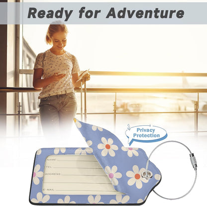 2 Pack Luggage Tag for Suitcase, Groovy Daisy Flowers Leather Bag Tags Identifiers Privacy Cover ID Label with Durable Steel Loop for Women Men Kids Girls Travel