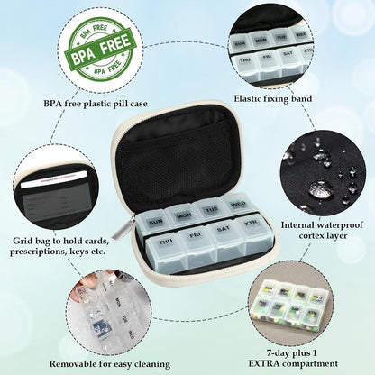 Serfeymi Weekly Travel Pill Organizer Pill Case for Purse with Removable 7 Day Pill Box, Fashionable Travel Medicine Organizer Pill Container for Medicine, Vitamin, Supplement - Black 02 + Bloom 01