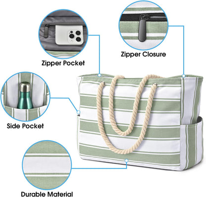 Becokan Beach Bags for Women Large Waterproof Beach Tote Bag Zipper Beach Bags Waterproof Sandproof Swim Pool Bag Large Tote