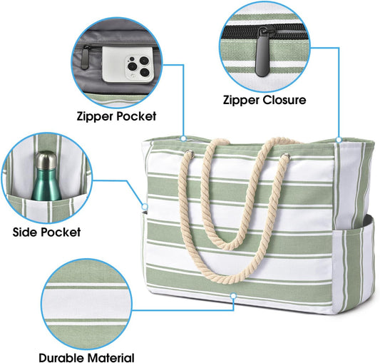 Becokan Beach Bags for Women Large Waterproof Beach Tote Bag Zipper Beach Bags Waterproof Sandproof Swim Pool Bag Large Tote