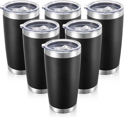20 oz Tumblers Bulk Stainless Steel Tumbler with Lid Double Wall Vacuum Insulated Coffee Mug 20oz Powder Coated Cup for Hot and Cold Drinks, Black, 6 pack