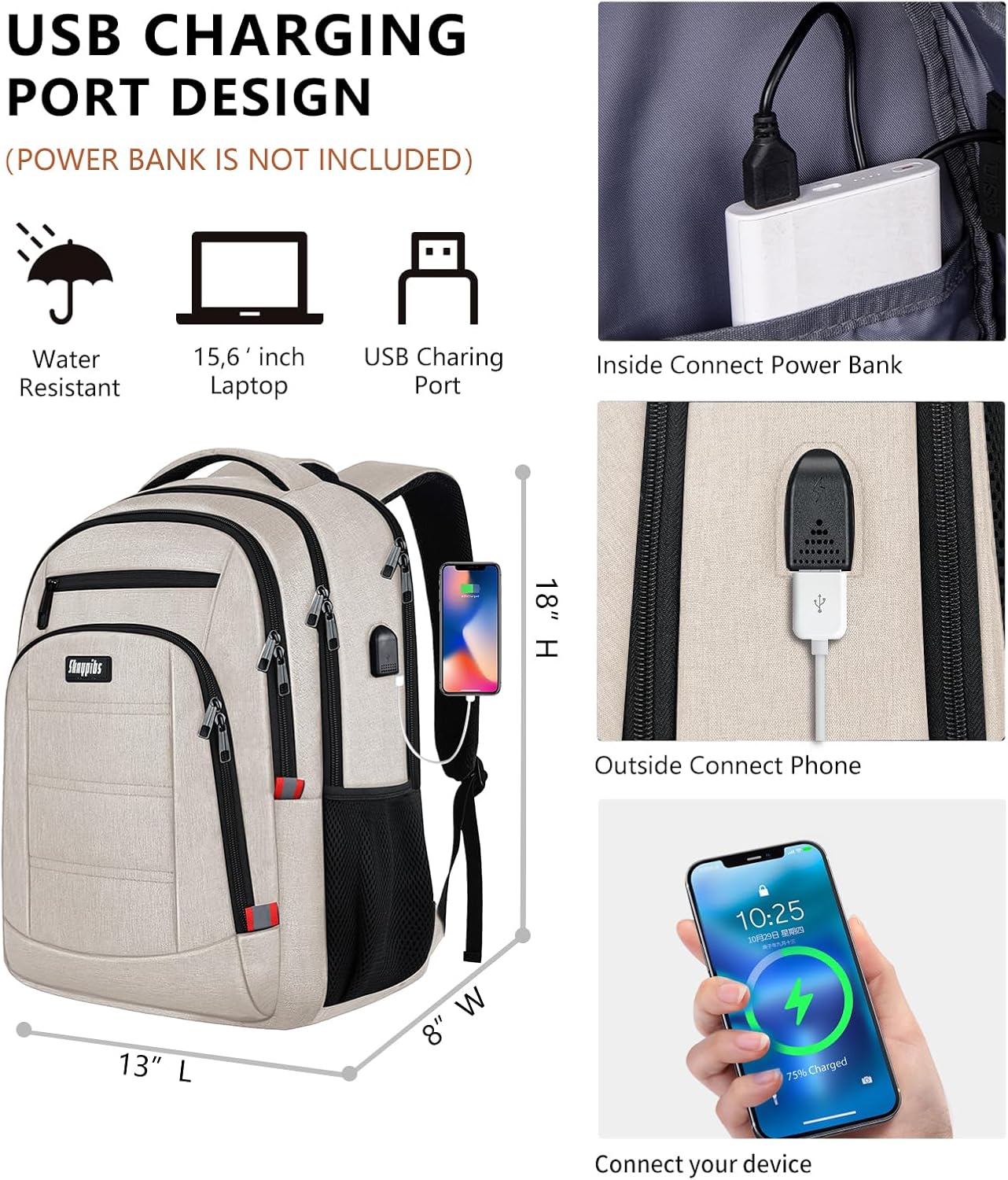 Travel Laptop Backpack for Women, School Backpack with USB Charging Port,Water Resistant Backpack for Girls, Business Work College bookbag,book bag Fits 15.6 Inch,Beige Back Pack