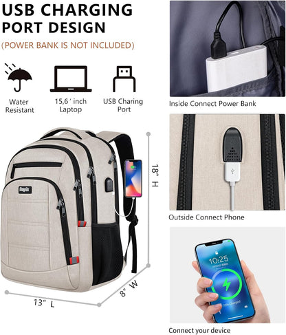 Travel Laptop Backpack for Women, School Backpack with USB Charging Port,Water Resistant Backpack for Girls, Business Work College bookbag,book bag Fits 15.6 Inch,Beige Back Pack