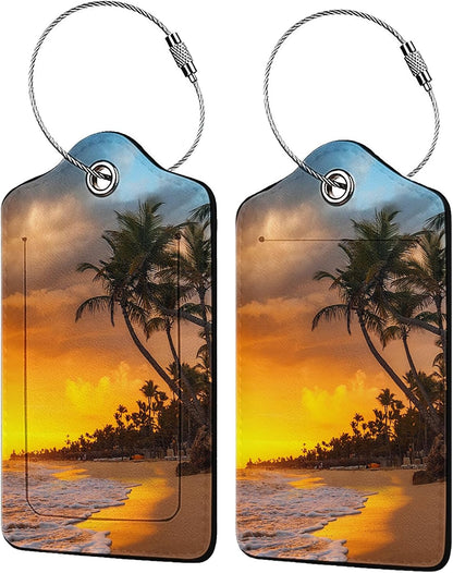 Sunset Beach Luggage Tags for Suitcases,2 Pack Luggage Tag, Leather Stainless Steel Loop Label Tag for Women Girl Travel Bag Suitcase