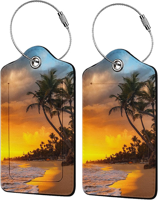 Sunset Beach Luggage Tags for Suitcases,2 Pack Luggage Tag, Leather Stainless Steel Loop Label Tag for Women Girl Travel Bag Suitcase