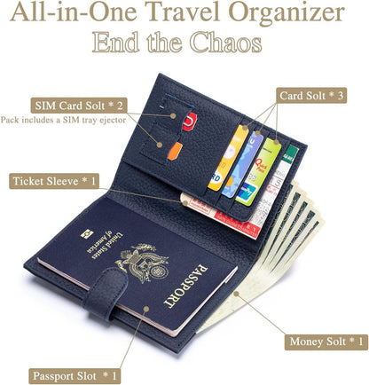 RFID Slim Leather Passport Holder for Travel Women & Men – Travel Wallet with Passport Slot & Card Slots, Zippered Coins Pocket and Cash Holder Cover Case (Sapphire Blue)