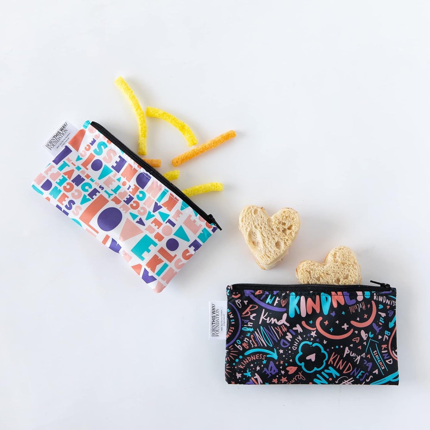 Bumkins Reusable Snack Bags, for Kids School Lunch and for Adults Portion, Washable Fabric, Waterproof Cloth Zip Bag, Supplies Travel Pouch, Food-Safe Storage, 2-pk Born This Way Kindness