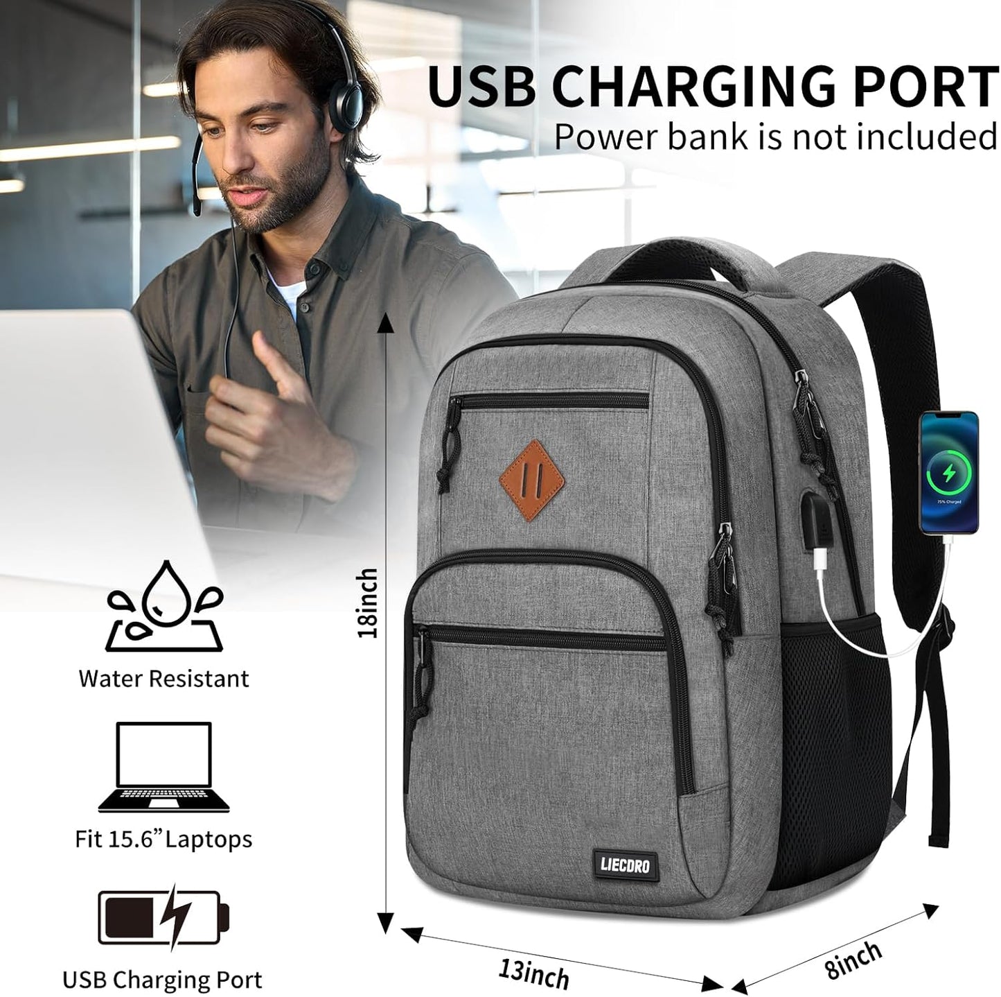 Grey Backpacks for Men, Backpack for School, School Backpack for Boys Teens, 15.6 inch Laptop Back Pack with USB Charging Port, College Book Bag, Business Work Travel Bookbag, mochilas para hombres