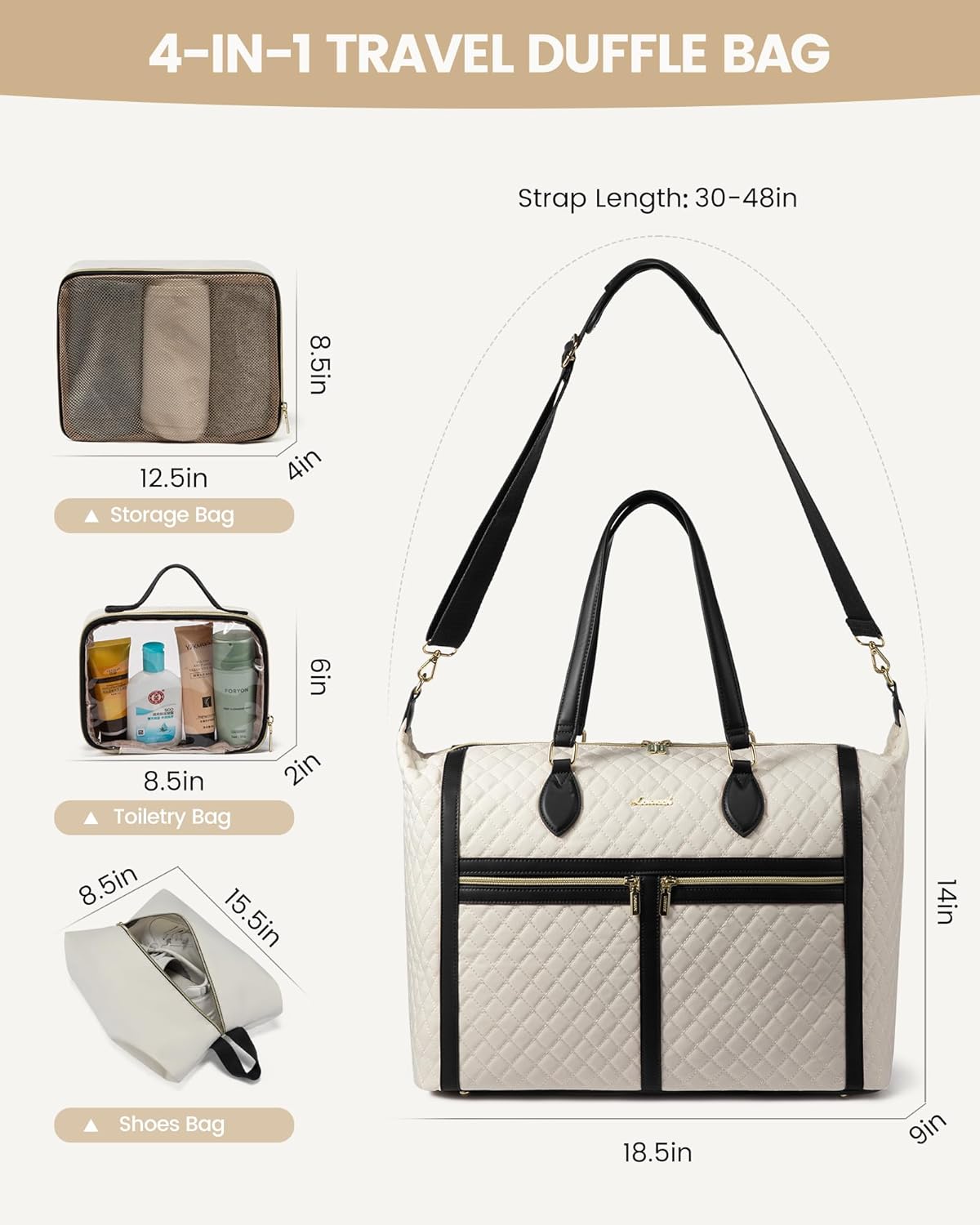 LOVEVOOK Travel Weekender 4-in-1 Duffle With Shoes Compartment, Carry On Overnight Bag, Toiletry Pouch & Wet Pocket, Large Tote for Women Labor Delivery Hospital