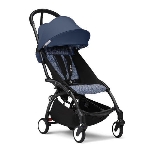 Stokke YOYO3 Stroller from 6 Months - Includes Black Frame/Air France Blue Seat Cushion + Canopy - Folds in & Out in a Flash - Light & Compact - Carry-On Compatible