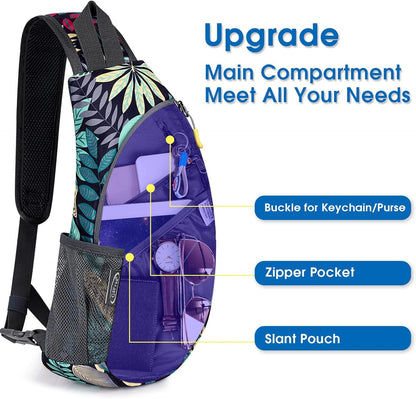 G4Free Sling Bag for Men Women, Small Crossbody Backpack Lightweight Chest Shoulder Bags for Travel, Outdoor and Sports (Blue Leaf)