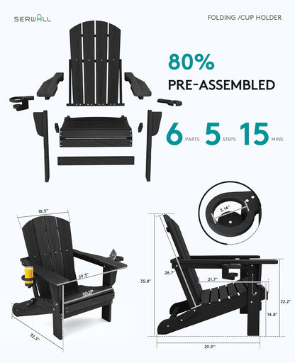 SERWALL HDPE Folding Adirondack Chair with Dual Cup Holder - Composite Adirondack Chair Set of 8- Black