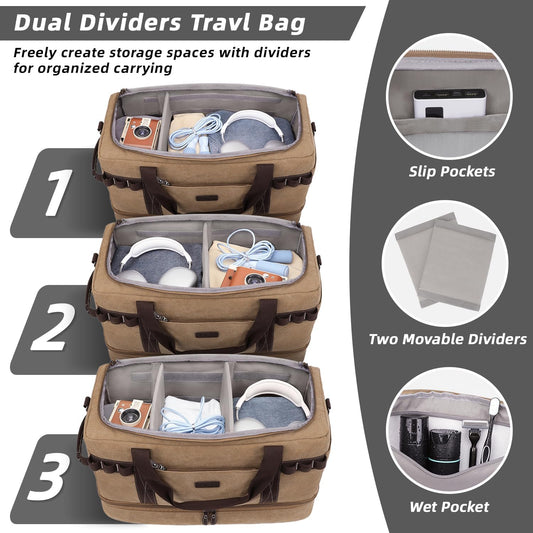 ZOMFELT Travel Duffle Bag for Men, Waterproof Canvas Overnight Duffel Bag with Removable Dividers & Shoe Compartment, Carry On Weekender Gym bag, Multi-Pocket & Vintage Design (Washed Brown)