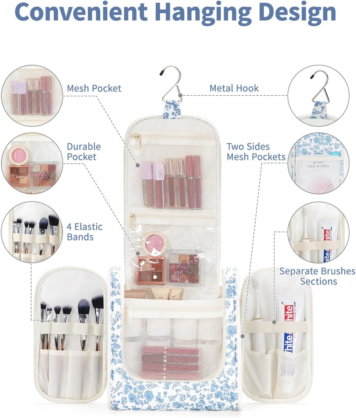 Narwey Hanging Toiletry Bag for Women Travel Makeup Bag Organizer Toiletries Bag for Cosmetics Essentials Accessories (Large, Little Blue Flower)