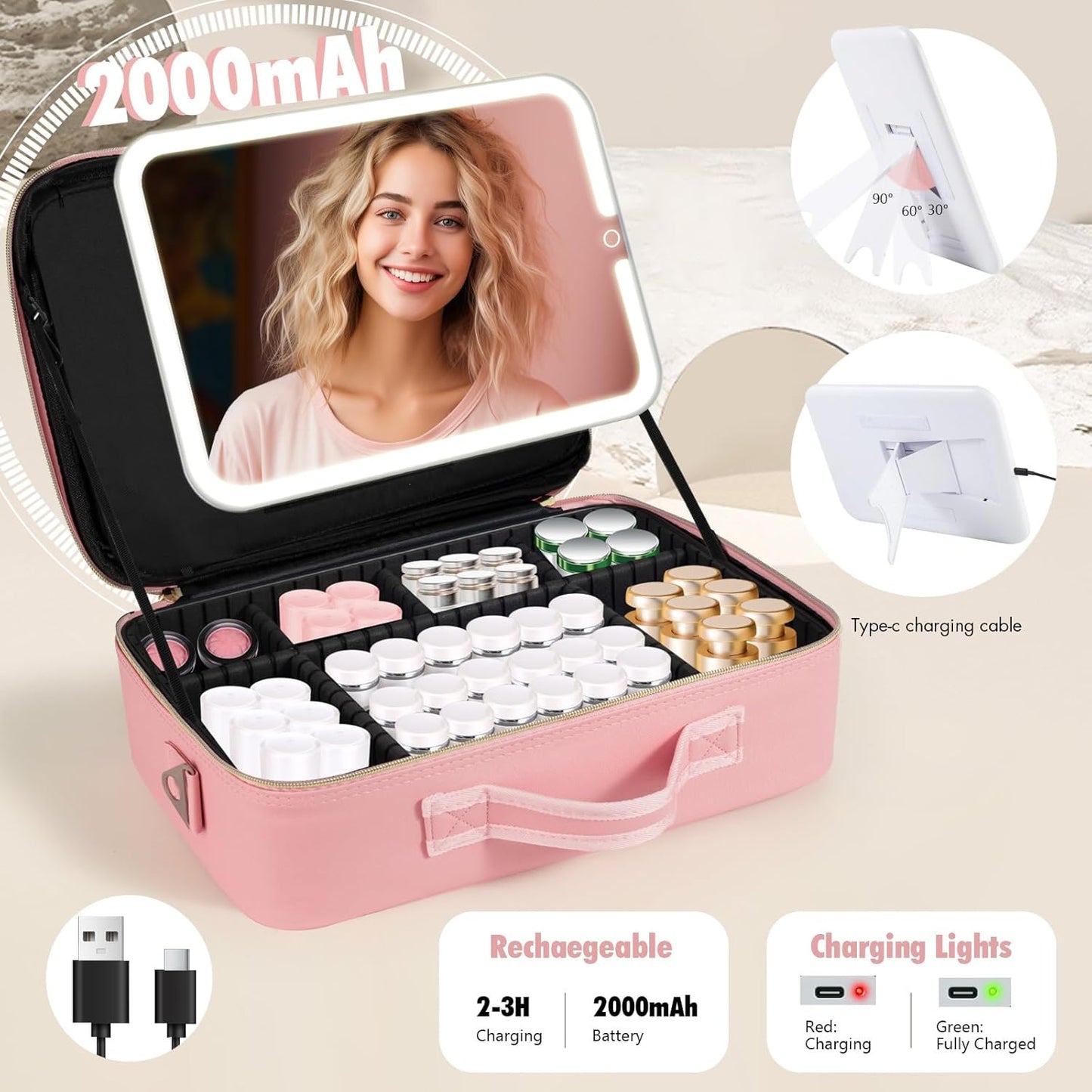 Large Travel Makeup Bag with LED Mirror, 3-Color Stepless Dimming Stand Mirror Detachable, with Adjustable Divider, Makeup Brush Holder Storage (Pink)