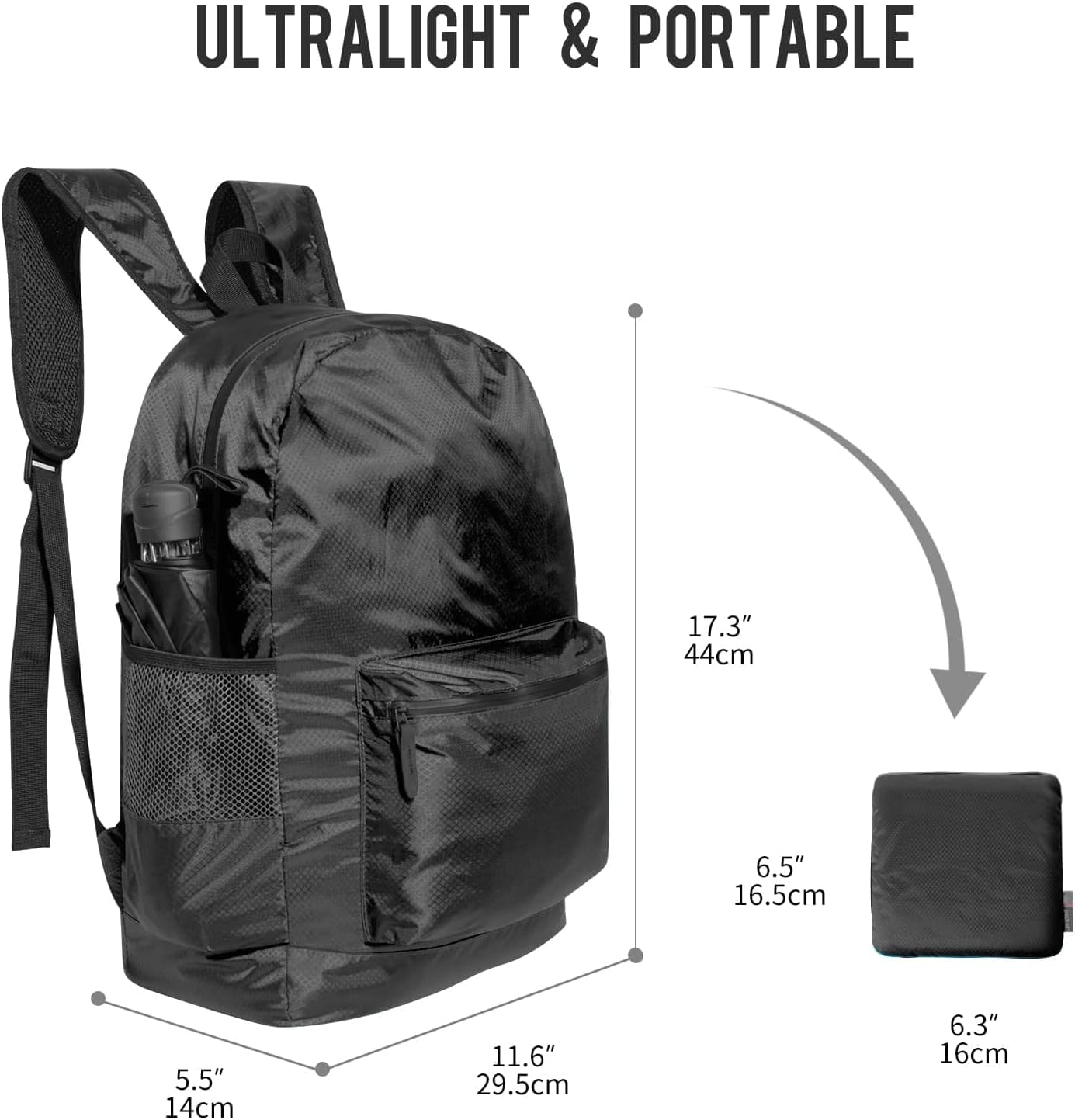 pack all 20L Lightweight Packable Backpack, Water Resistant Foldable Backpack, Travel Hiking Daypack with Waterproof Zippers (Black)