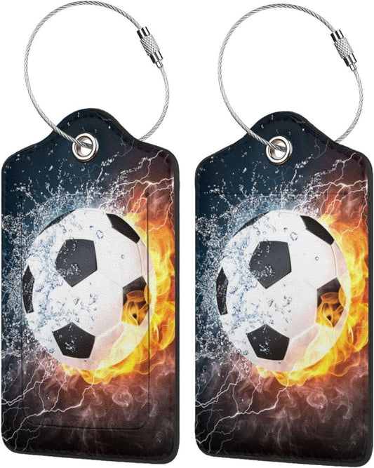 2 Pack Luggage Tags for suitcases Football Soccer Ball Luggage Tag, Leather Stainless Steel Loop Label Tag for Men Women Travel Bag Suitcase(Soccer)