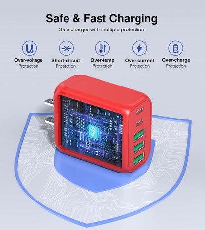 50W USB C Wall Charger, 2Pack 5-Port C Charger Fast Charging Block PD Power Adapter +QC 3.0 Multiport Type C Box Brick Cube USB A Wall Plug for iPhone 16/15/14/13 Pro Max, iPad,Samsung Galaxy(Red)