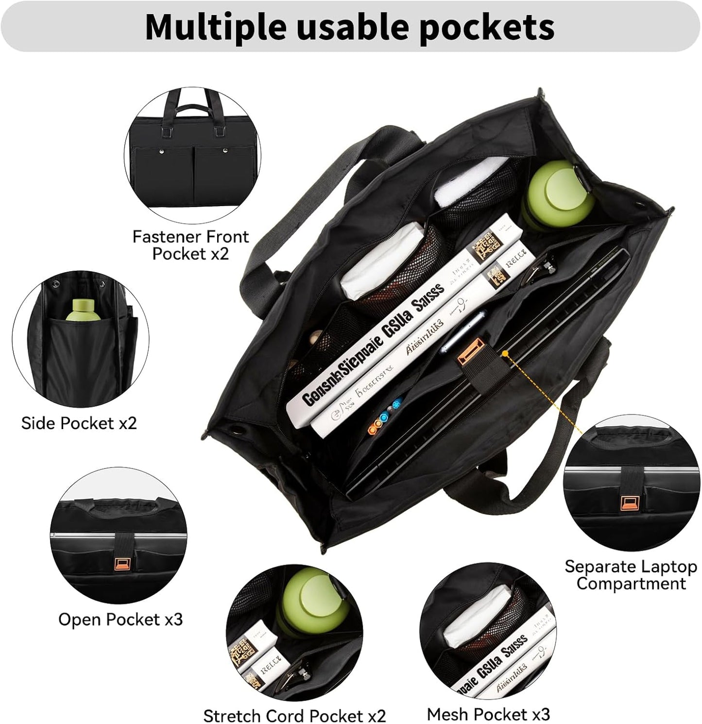 Closeable Tote Bag with 12 Pockets,Thick Bottom Support & Adjustable Strap,Water-Resistant