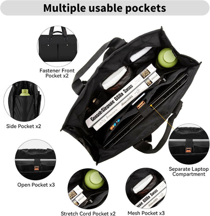 Closeable Tote Bag with 12 Pockets,Thick Bottom Support & Adjustable Strap,Water-Resistant