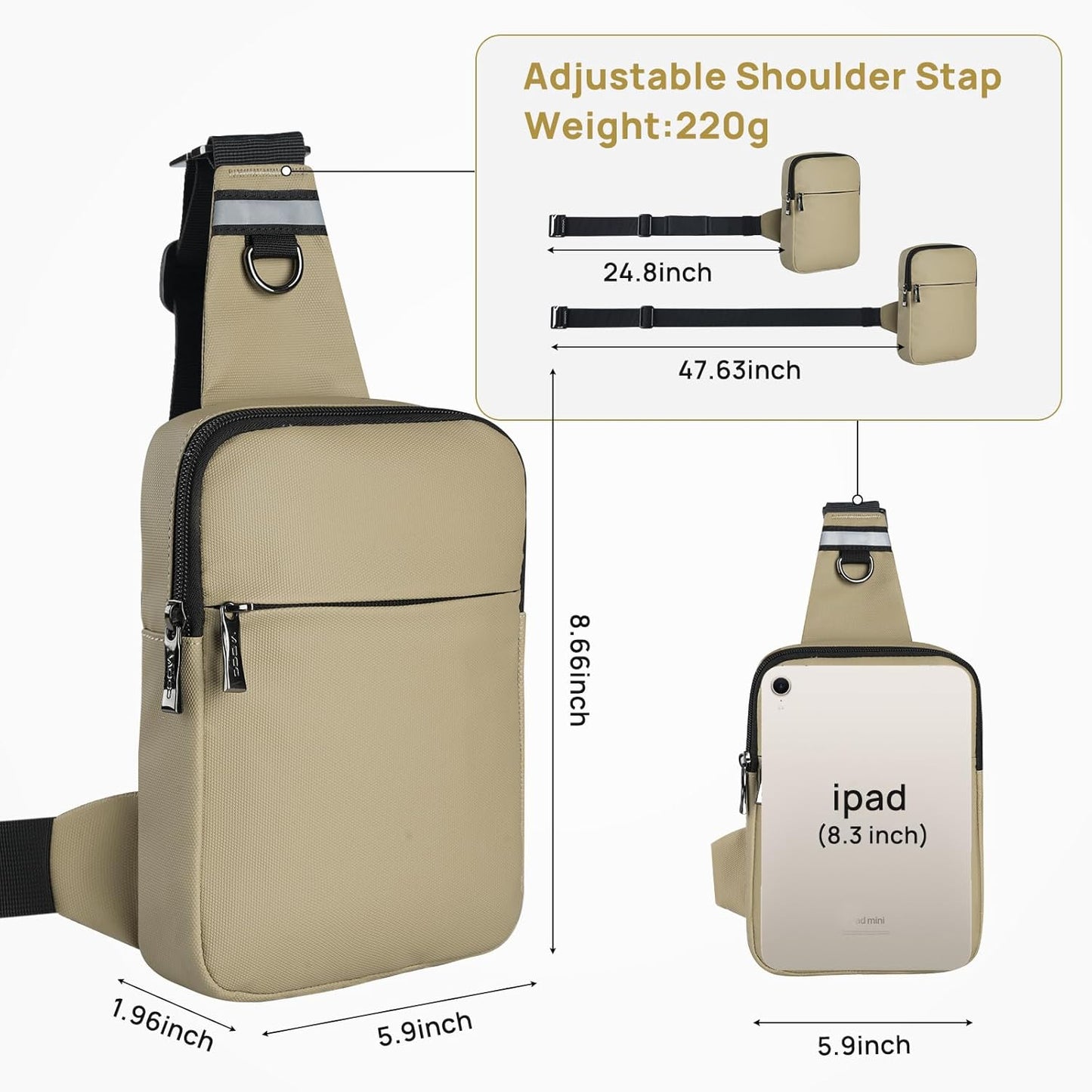 VADOO Mini Sling Bag, Small Crossbody Bag with RFID Blocking for Women and Men, Lightweight Chest Phone Bag for Travel Casual,Khaki