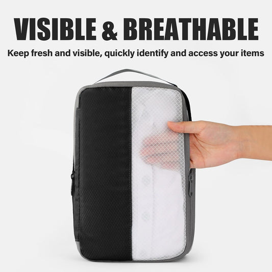 6 Set Compression Packing Cubes for Travel, Bonus Versatile Drawstring Backpack, Lightweight Luggage Organizer Bags, Sturdy Travel Accessories for Suitcase, Black