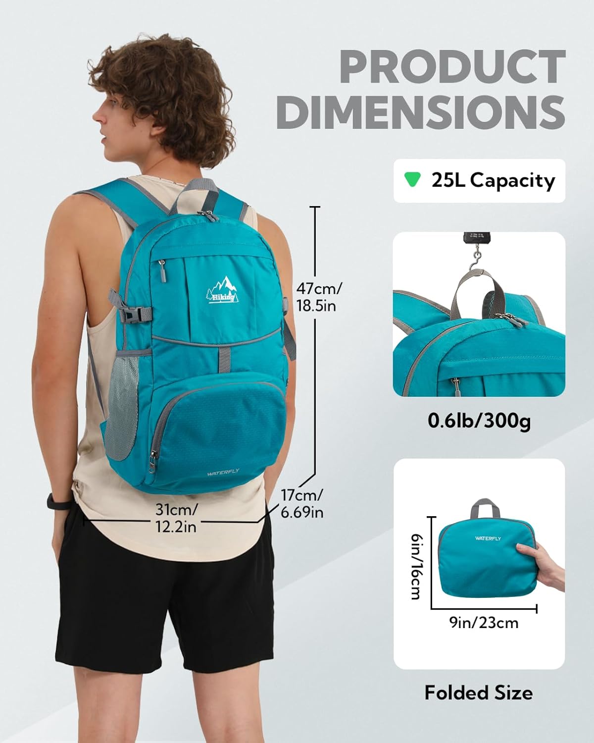 WATERFLY Hiking Foldable Daypack Backpack: 25L Ultra Lightweight Packable Waterproof Outdoor Travel Day Pack for Woman Man