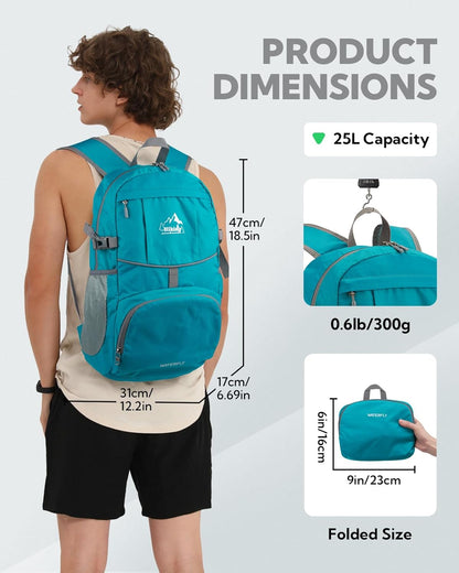 WATERFLY Hiking Foldable Daypack Backpack: 25L Ultra Lightweight Packable Waterproof Outdoor Travel Day Pack for Woman Man
