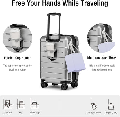 KYME Hardside Expandable Carry On Luggage 22x14x9 Airline Approved 20 Inch Hardshell Carry On Suitcase with Wheels TSA Lock Small Travel Rolling Luggage with Cup Holder for Women Men Silver