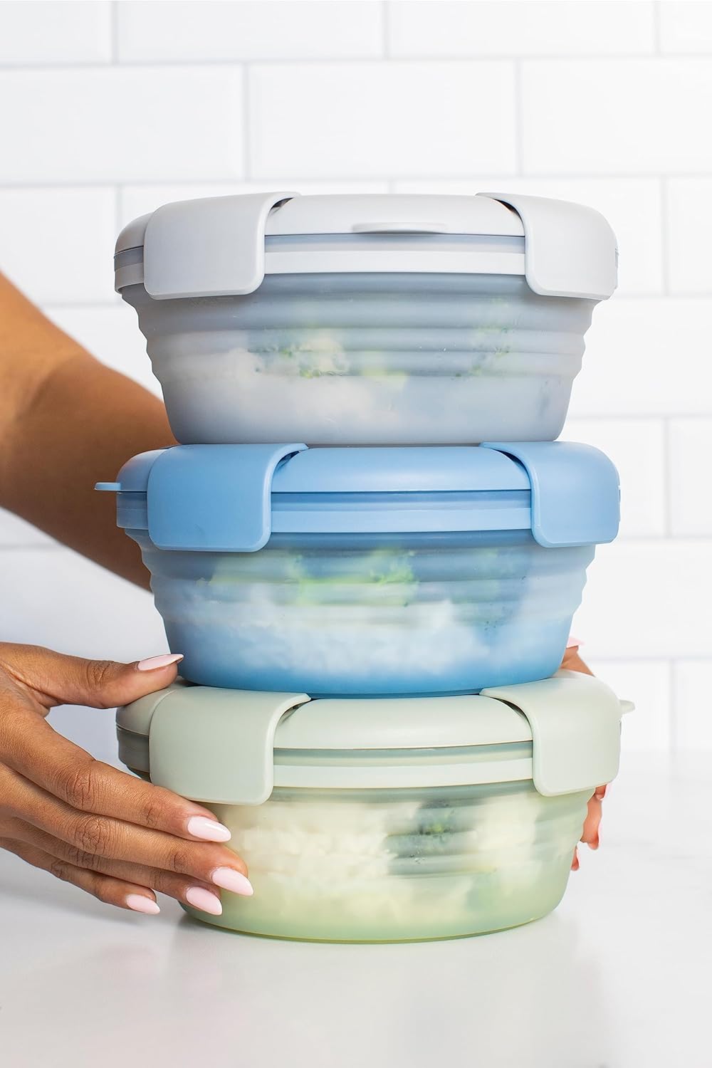 STOJO Collapsible Bowl 5 Set - Translucent Denim, 36oz - Reusable Silicone Bowl for Hot and Cold Food - Perfect for Travel, Meal Prep, To-Go Lunch, Camping & Hiking - Microwave & Dishwasher Safe