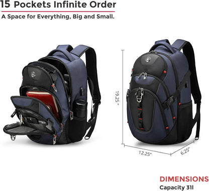 Swissdigital Design Laptop Backpack with USB Charging Port, TSA Travel Backpack Fits 15.6 inches Computer, 31L College School Backpack for Men, Blue/Black | SD803