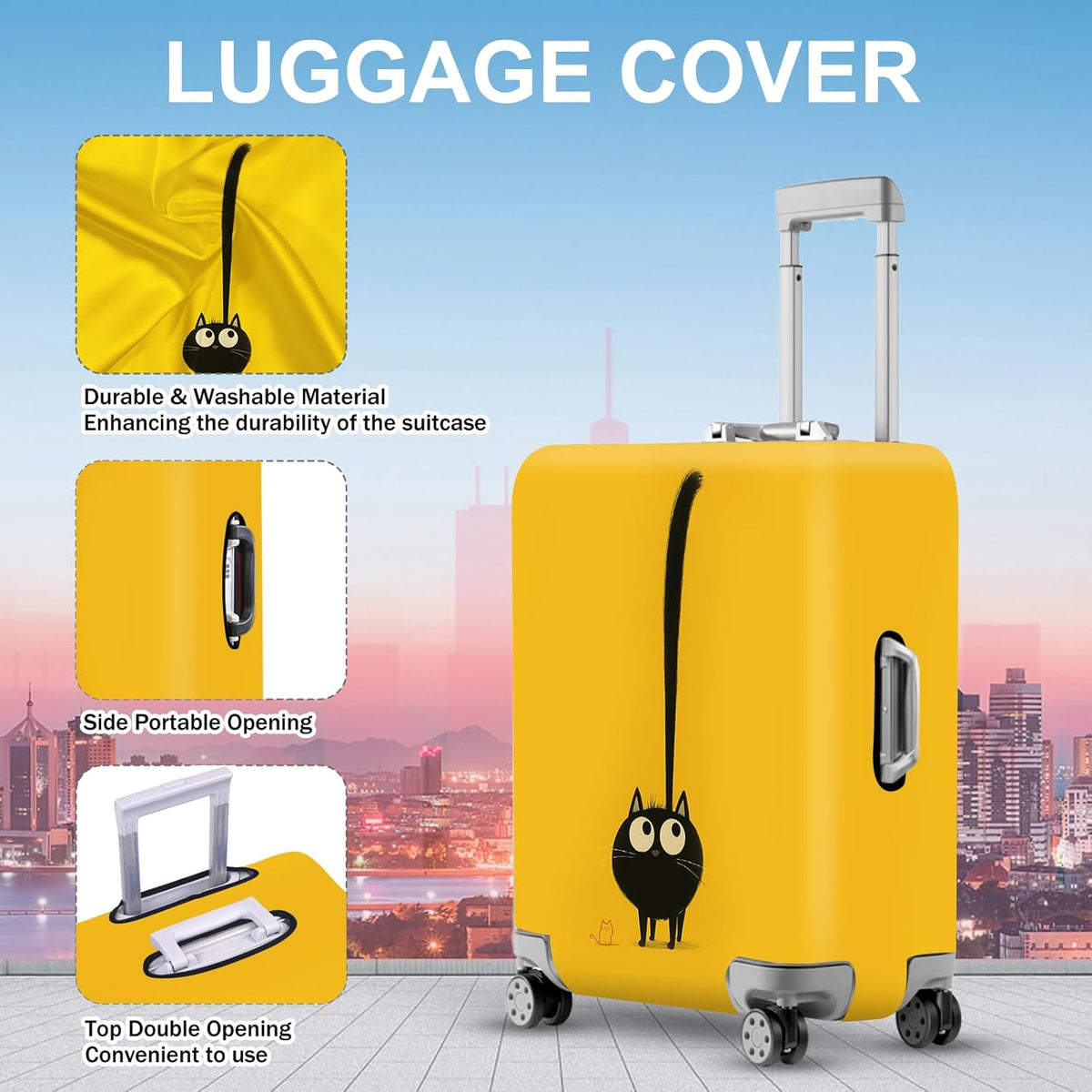 ANNA QUEEN Cute Black Cat Luggage Cover, Whimsical Cat Design with Long Tail, Stretchable, Washable Travel Protector for 32-34 Inch Luggage