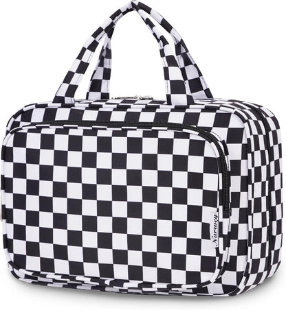 Narwey Travel Toiletry Bag for Women Large Hanging Makeup Bag Organizer Toiletries Bag for Full Size Essentials Accessories Cosmetics (Black Checkerboard (Large))