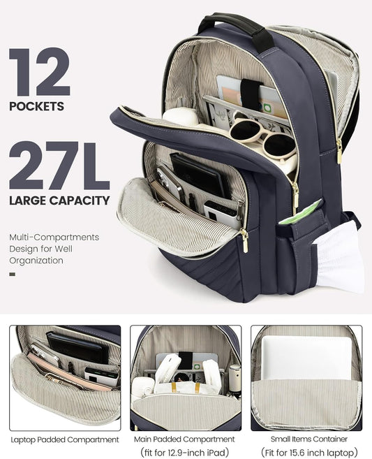 LOVEVOOK Laptop Backpack Purse for Women, Work Travel Computer Bags, College School Backpack for Student Girl, Quilted Casual Daypack with USB Port, Fit 15.6 Inch Laptop, Dark Grey